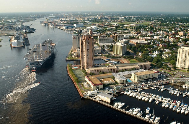 Aerial view of the Elizabeth river and the city of Portsmouth, VA